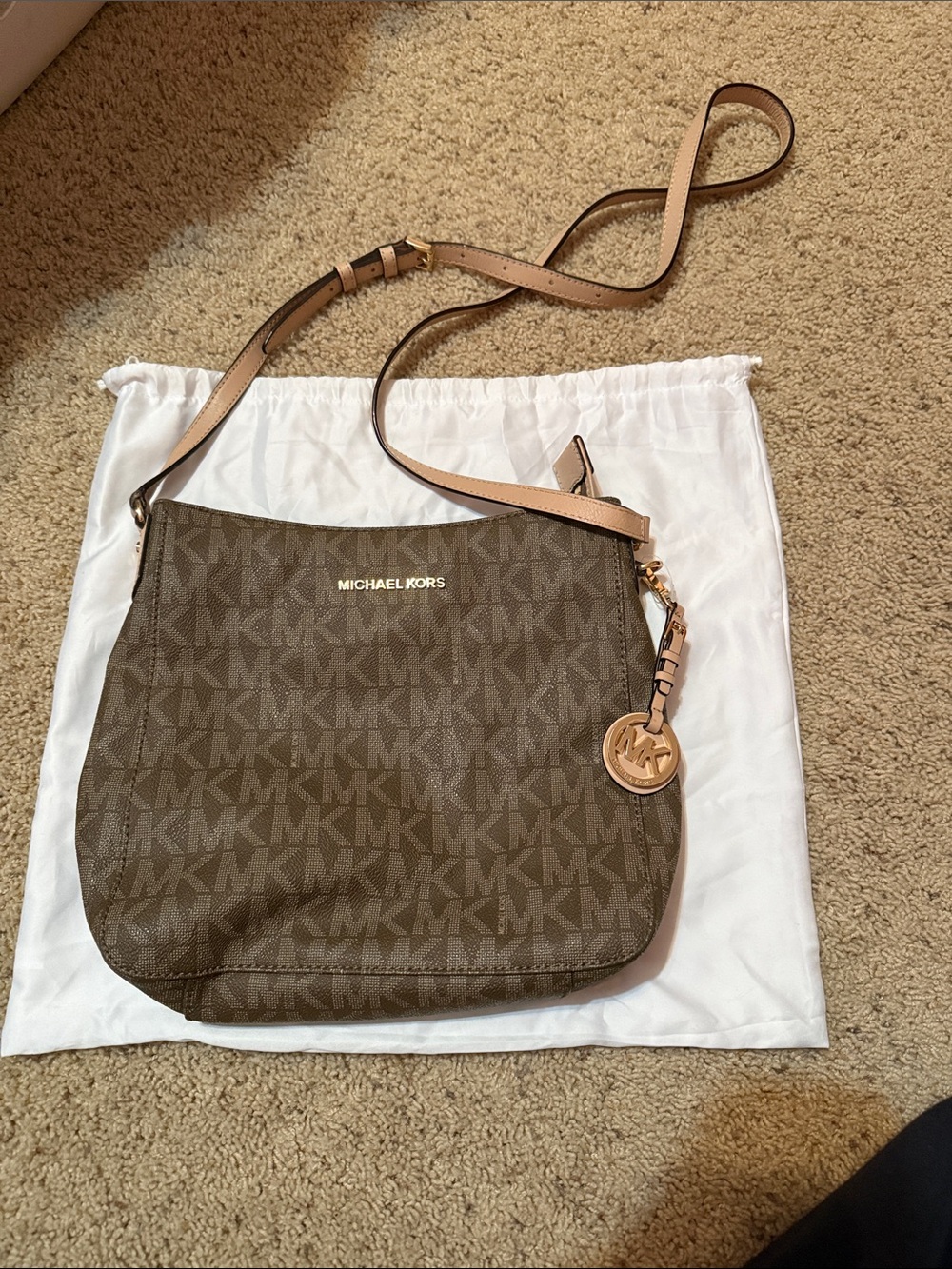 Michael Kors Brown Logo Crossbody with Tan Strap and Gold Charm